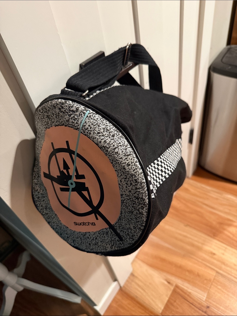 Vintage NWOT Swatch Black Round Duffle Bag with Graphic Dial Accent